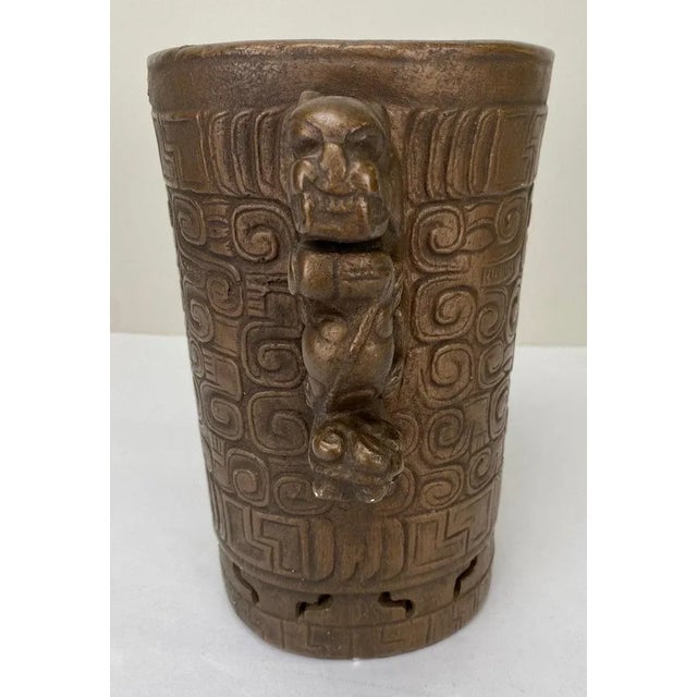 Mayan Style Hand Carved Bronzed Metal Finish Vase For Sale - Image 9 of 9