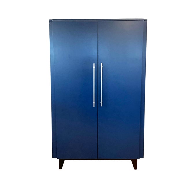 Mid-Century Modern Green Bay Modern Blue Lacquer Armoire With Tapered Wood Legs and Metal Pulls For Sale - Image 3 of 7