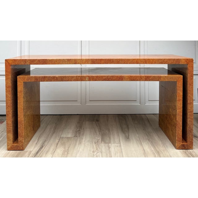 Here is a sculptural postmodern console table in the style of Karl Springer, distinguished by bold geometric lines and a...