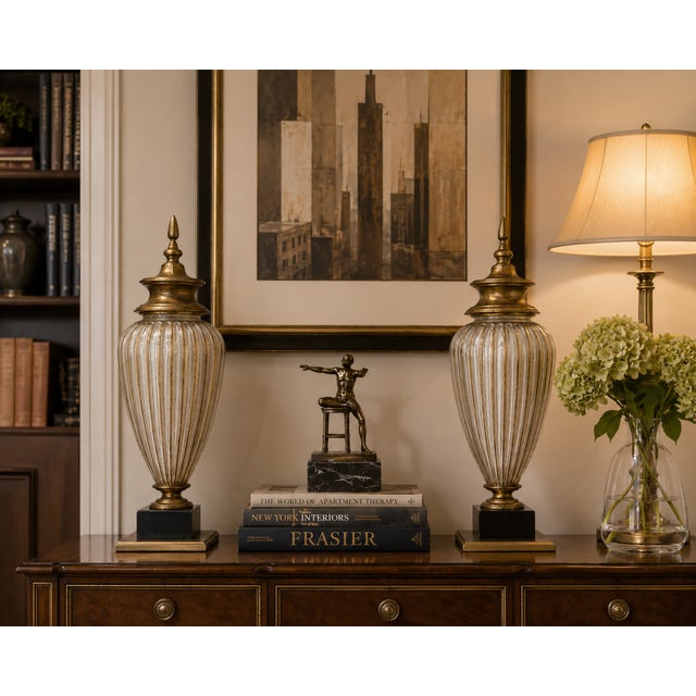 Hollywood Regency Pair of Neoclassical Covered Glass Urns From the Set of Frasier (2003) For Sale - Image 3 of 4