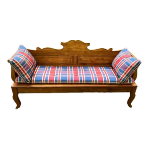 Scrolled-Arm Wooden Hall Bench With Fabric Cushions