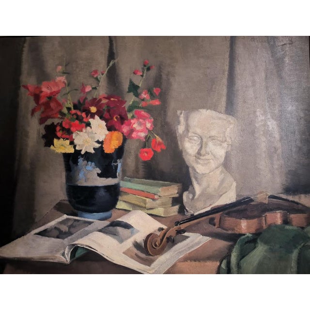 Reine Virely, Still Life of Flowers with Sculpture and Violin, Oil on Panel, 1937 For Sale - Image 9 of 9