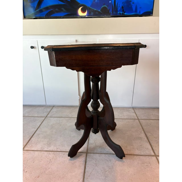 Vintage Petite Inlaid Wood Accent Table With Tripod Base Federal Style This elegant vintage accent table features a...