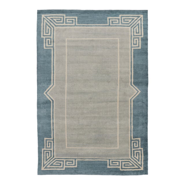 Rug & Kilim’s Oversized Contemporary Art Deco Style Rug in Teal, Ivory & Gray For Sale