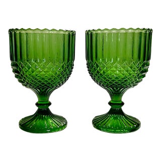 1960s Emerald Green Diamond Point Water Goblets- a Pair For Sale