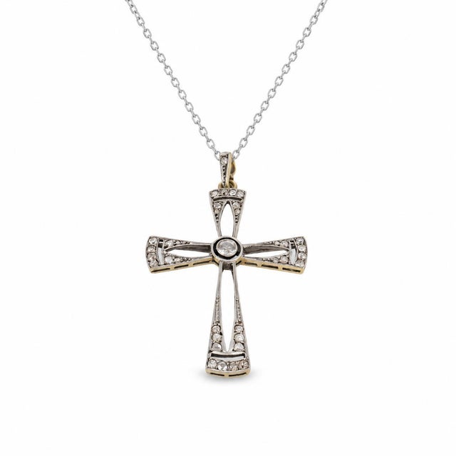 Art Deco 1920s Art Deco Diamond 14k Yellow Gold and Platinum Cross Pendant Necklace For Sale - Image 3 of 6