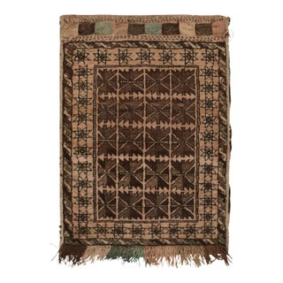 Antique Baluch Persian Rug in Beige-Brown Geometric Pattern, Pink Accent For Sale