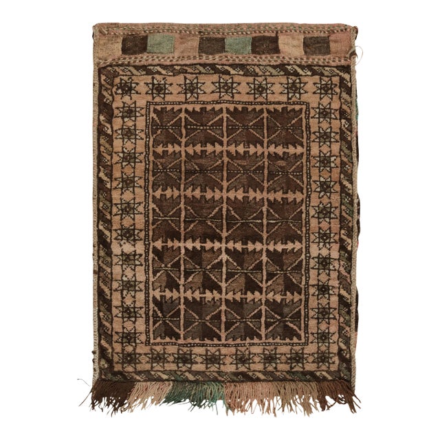 Antique Baluch Persian Rug in Beige-Brown Geometric Pattern, Pink Accent For Sale