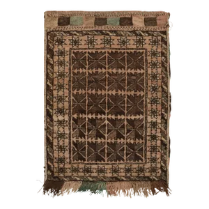 Antique Baluch Persian Rug in Beige-Brown Geometric Pattern, Pink Accent