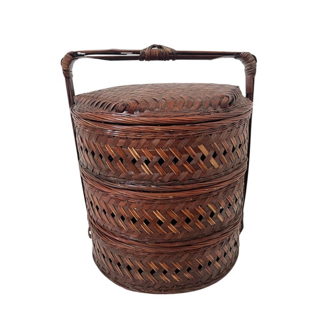 Chinese Vintage Chinese Rattan Tiered Nested Tiered Wedding Basket Hand Woven 12x10” For Sale - Image 3 of 7