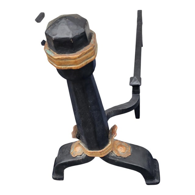 Pair of 19th C Arts & Crafts Cast Iron Andirons W/ Copper Hammered Accents Fireplace For Sale - Image 10 of 16