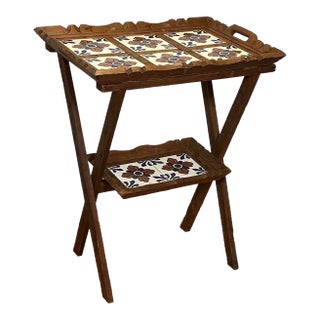 Vintage Carved Wood Mexican Tile Folding Double Tray Table For Sale