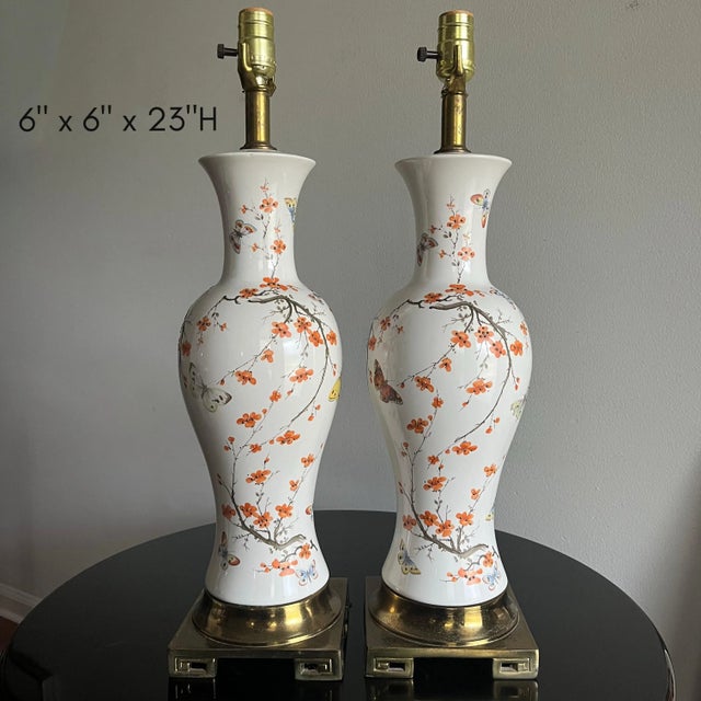 Ceramic 1960's Ceramic Lamps Chinoiserie Cherry Blossom & Butterfly - A Pair For Sale - Image 7 of 11