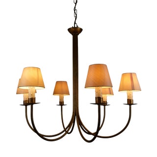 Large Brass Six-Arm Chandelier with Fabric Shades, Germany, 1970s For Sale