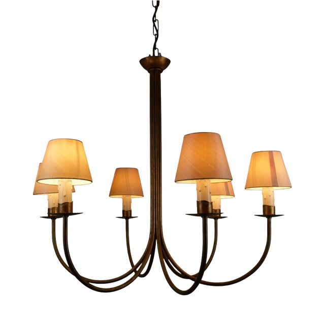 Large Brass Six-Arm Chandelier with Fabric Shades, Germany, 1970s For Sale