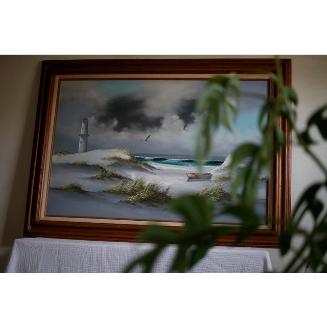 Textile Mid-Century Moody Coastal Seascape Framed Oil Painting - Signed Daniel For Sale - Image 7 of 11