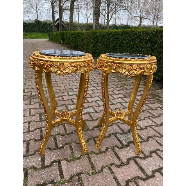 1990 French Louis XVI Gold Beech Marble Side Tables -Pair For Sale - Image 10 of 10