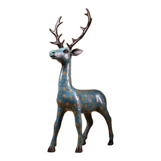 Cloisonné Enamel Deer Figurine, 4kg, Blue Ground With Floral Motifs For Sale