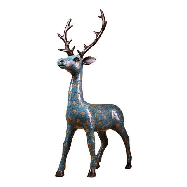Cloisonné Enamel Deer Figurine, 4kg, Blue Ground With Floral Motifs For Sale