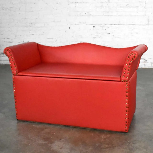 Vintage Coral Vinyl Faux Leather Cedar Lined Storage Bench Settee With Nail Head Detail For Sale - Image 13 of 13
