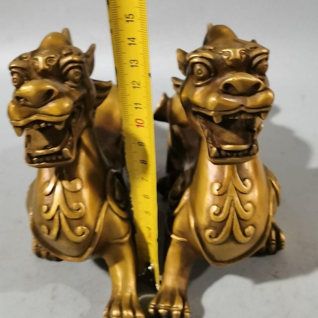 Brass Pair of Vintage Brass Chinese Guardian Lions / Pixiu Statues For Sale - Image 8 of 9