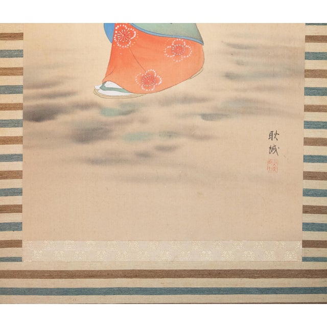 Wood "Kimono Beauty" by Kojo, Japanese Silk Scroll Painting For Sale - Image 7 of 18