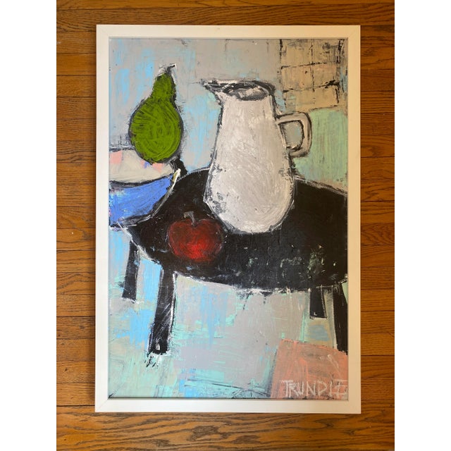 An abstracted, distorted still life on deep profile canvas, 36 x 24 x 1.5. Currently framed in 2" deep white edge frame....