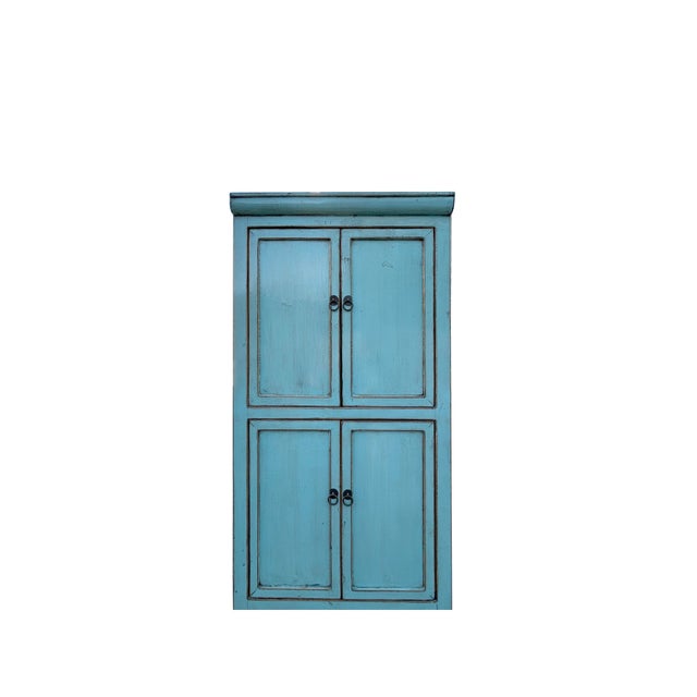 Distressed Turquoise Aqua Blue Tall Slim Shelves Drawers Storage Cabinet For Sale - Image 4 of 5