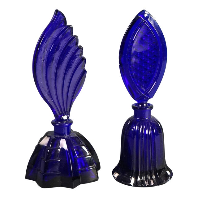 Pair of Aurel Art Deco Cobalt Blue Glass Perfume Bottles With Stoppers, Circa 1930 For Sale