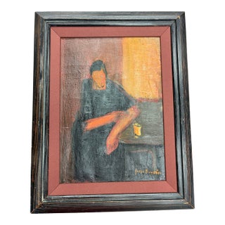 1957 Swedish Jonne Bergstrom Oil Portrait of a Lady With a Beer at the Pub, Lined and Framed For Sale