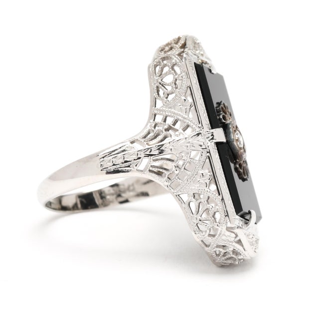 Modern Vintage Black Onyx & Diamond Filigree Ring, 14k White Gold, Ring Size 5 For Sale - Image 3 of 7
