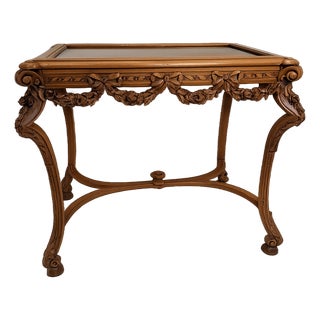 Late 19th Century French Louis XVI-Style Carved Glass-Top Walnut Display Table/Table De Curiosites For Sale