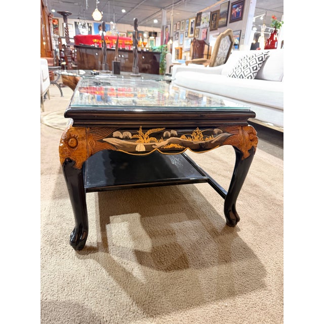 Vintage Black Chinoiserie Coffee Table With Shellwork & Glass Top For Sale - Image 9 of 10
