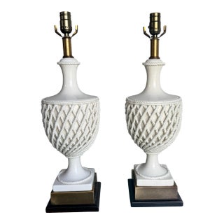 Vintage Fredrick Cooper Urn Lamps in Creamware Rope Lattice Pattern - a Pair For Sale