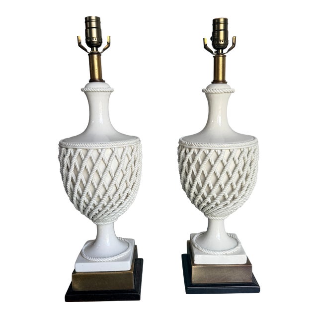 Vintage Fredrick Cooper Urn Lamps in Creamware Rope Lattice Pattern - a Pair For Sale