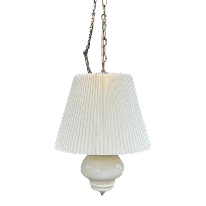 White Glass PleatedShade Pendant Light 1960s70s Hanging Swag Lamp