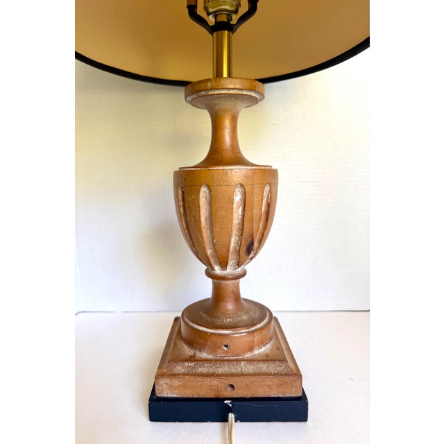Vintage Neoclassical Whitewashed Carved Wood Urn Table Lamp With Black Shade For Sale - Image 9 of 11