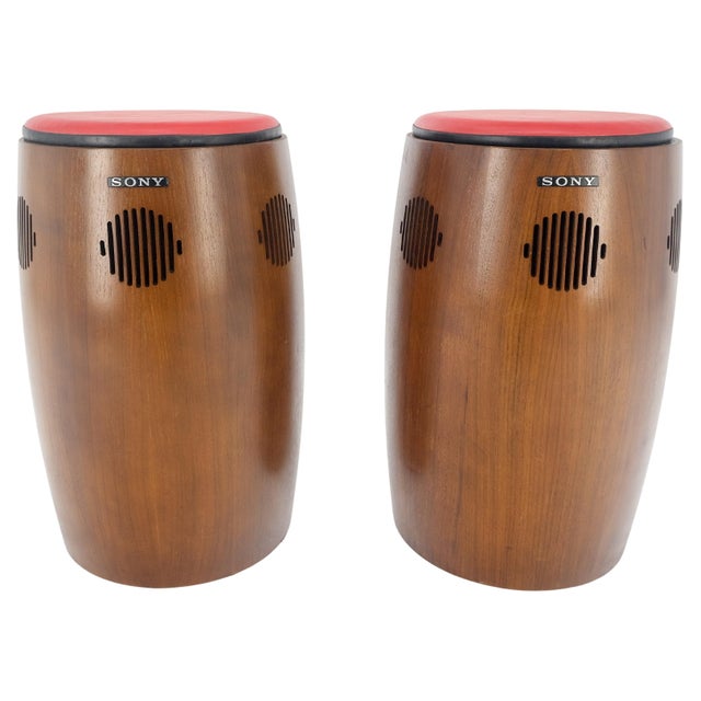 Pair of Vintage Drum Shape Bar Stools SONY Speakers Reversible Seats For Sale - Image 4 of 11