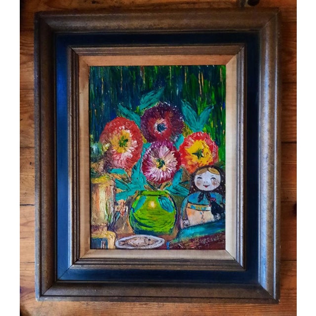 David Burliuk (1882–1967) Signed Expressionist Oil Painting, Floral Still Life With House-Vase For Sale - Image 4 of 5