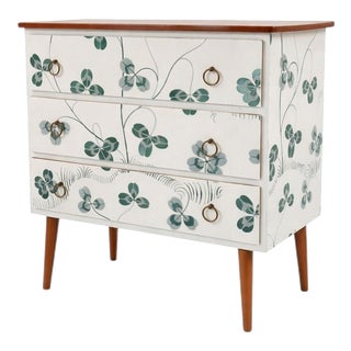 Scandinavian Modern Teak Commode with Clover Wallpaper by Josef Frank For Sale