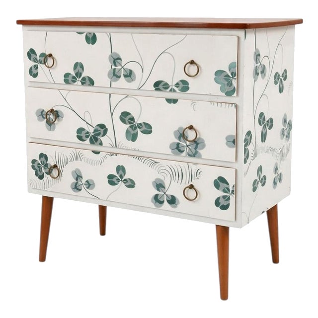 Scandinavian Modern Teak Commode with Clover Wallpaper by Josef Frank For Sale