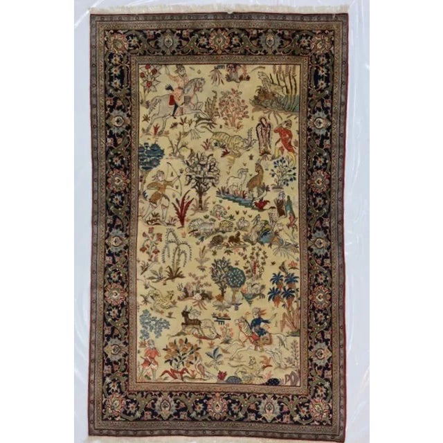 This master piece is a Silk and wool pile genuine Handmade exceptionally fine Vintage Persian Pictorial Kashan rug -