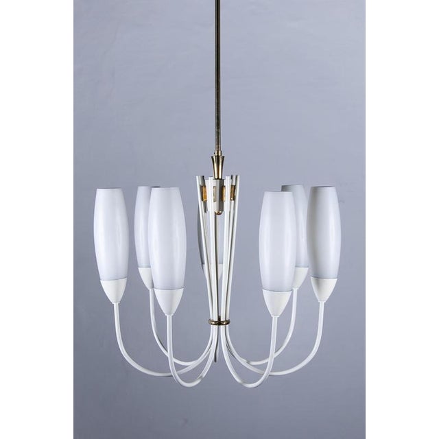 Mid-Century Modern Chandelier with 6 Opaline Glass Shades, 1950 For Sale - Image 3 of 10