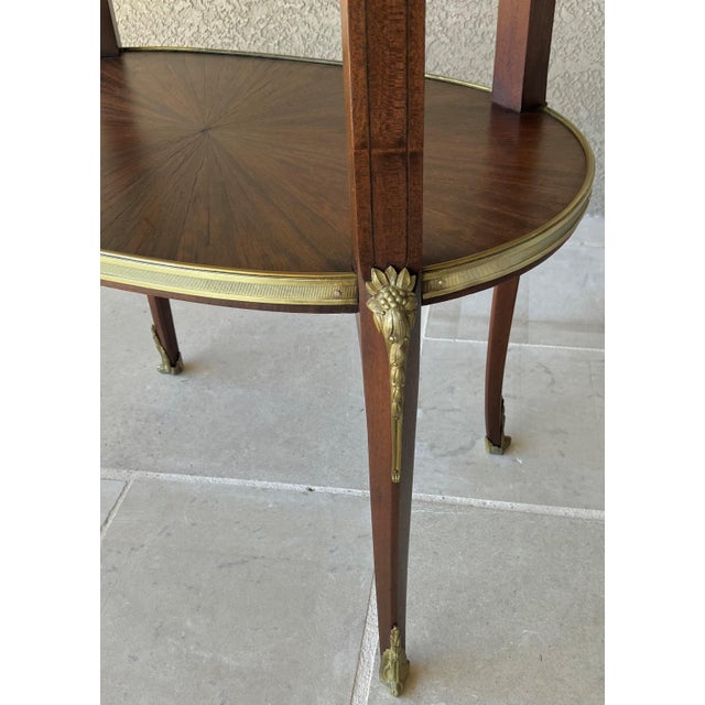 Circa 1930 Louis XVI-Style Mahogany Starburst Marquetry Two-Tier Oval Accent Table With Brass Mounts For Sale - Image 14 of 18