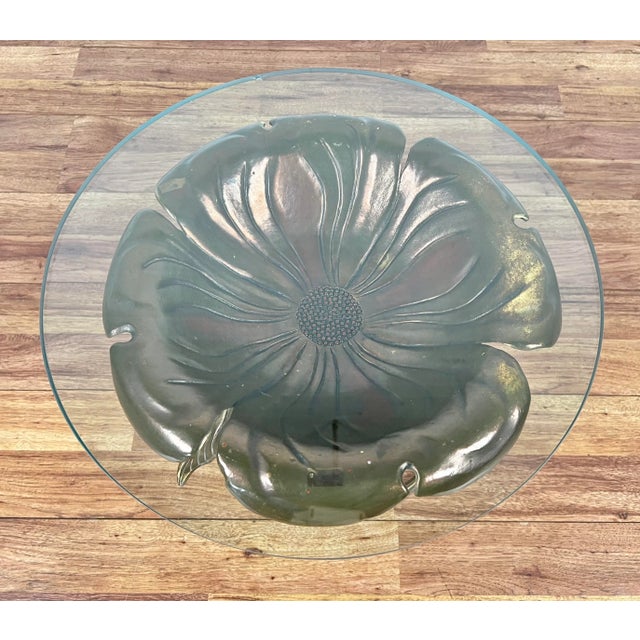 Hollywood Regency Vintage Walker Foundry Hollywood Regency Style Aluminum Gold Decorated Dogwood Table with Glass For Sale - Image 3 of 11