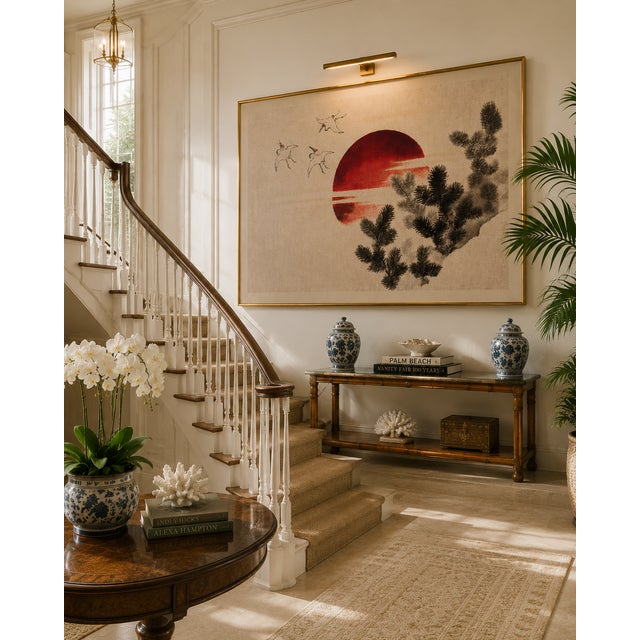Red Birds and Sunset, Vintage Japanese Woodblock Print Reproduction, 60" X 40" For Sale - Image 8 of 10