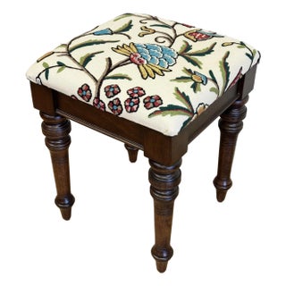 Newly Upholstered Vintage Bombay Company Turned Wood Stool For Sale