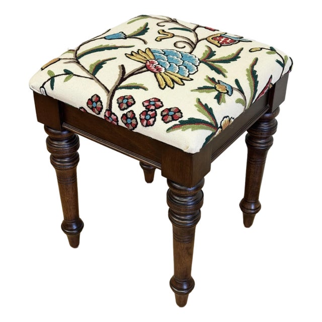 Newly Upholstered Vintage Bombay Company Turned Wood Stool For Sale