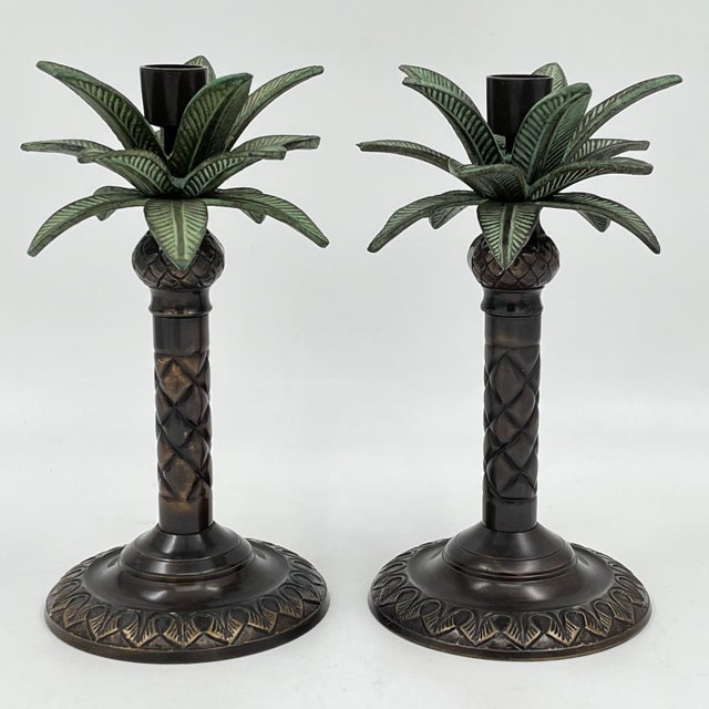 Bronze Vintage Palm Beach Regency Metal Palm Tree Candlesticks Candleholders - Set of 2 For Sale - Image 8 of 10