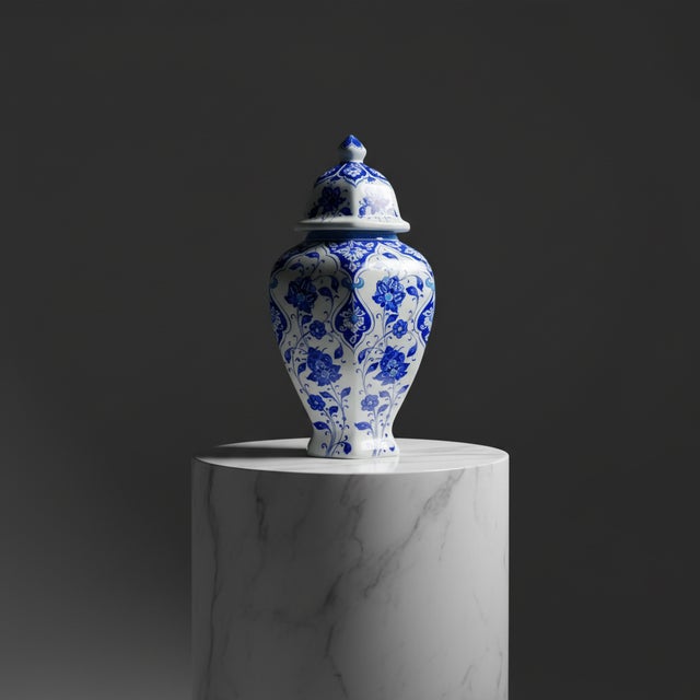 Handmade Ceramic Faceted Ginger Jar (30cm) – Classic Blue & White Lotus Pattern – Large Lidded Decor For Sale - Image 9 of 9
